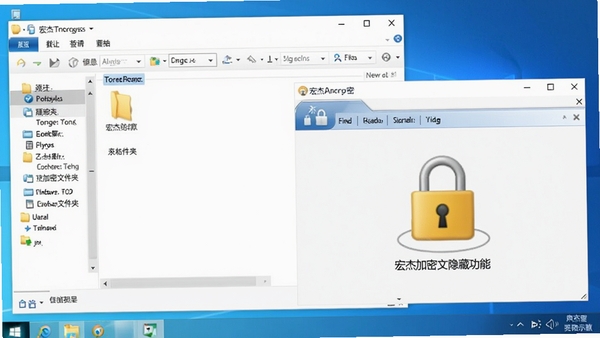 宏杰加密文件夹隐藏功能示意图,Windows资源管理器窗口与宏杰加密软件窗口并列,资源管理器中目标文件夹消失,软件中显示锁定状态图标,背景为浅蓝色桌面壁纸