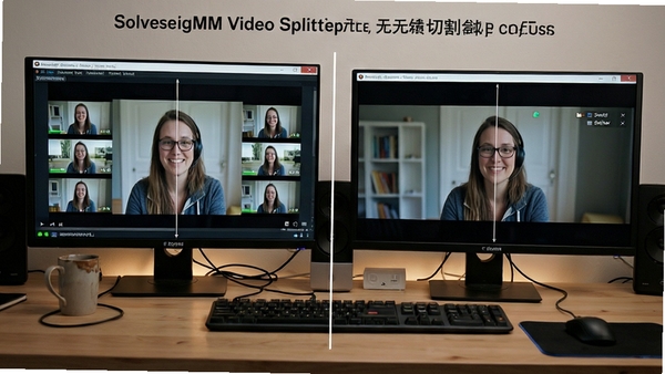 SolveigMM Video Splitter无损切割功能示意,展示视频片段分割前后对比,画面清晰无损失,背景为工作台环境