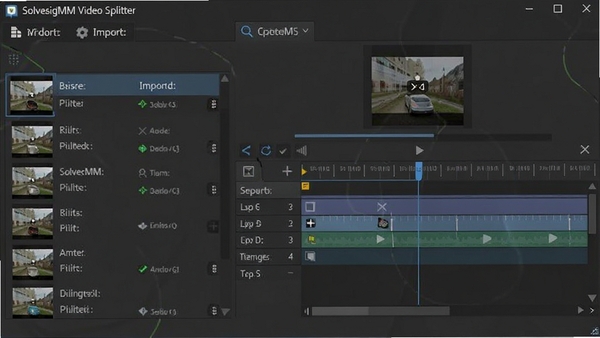 SolveigMM Video Splitter软件主界面预览图,显示视频导入列表与时间轴分割操作区域,背景为深灰色调,突出软件功能布局