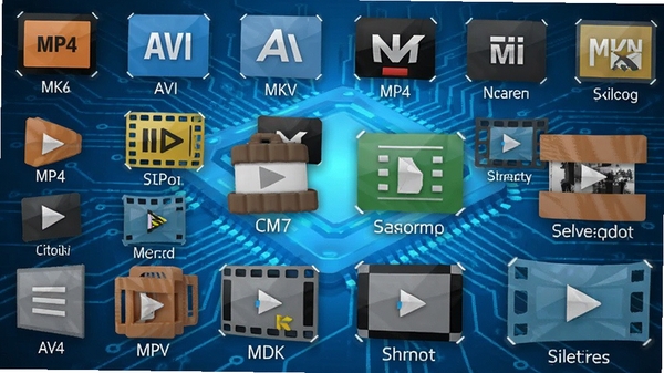 SolveigMM Video Splitter支持的视频格式图标墙,涵盖MP4、AVI、MKV等常用格式,背景为蓝色科技感风格