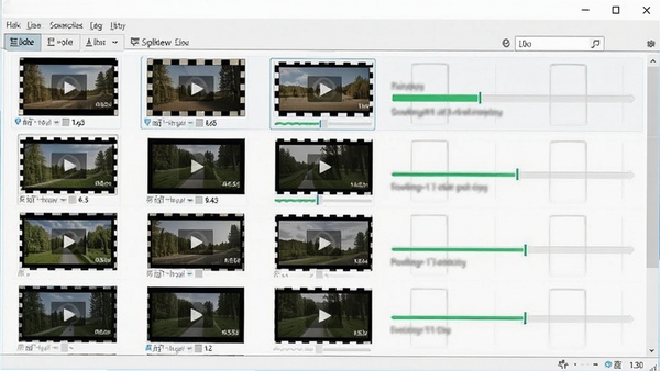 SolveigMM Video Splitter批量处理任务列表界面,多个视频文件依次排列,显示处理进度条,背景为简洁浅色界面