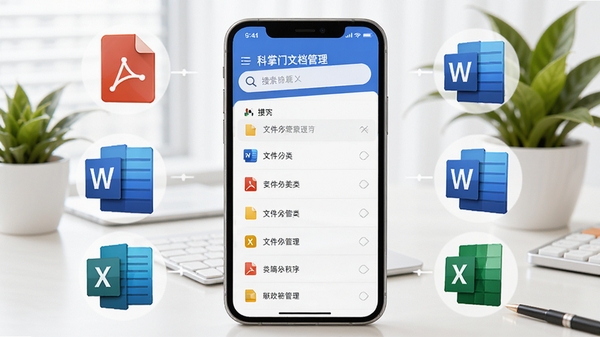 科掌门文档管理功能示意图,手机屏幕展示文件分类列表与搜索框,周边环绕PDF、Word、Excel等格式图标,背景为干净的办公桌面,配以绿色植物点缀,体现高效与秩序感。