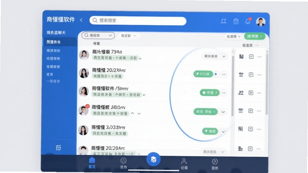 商懂懂软件主界面预览图,展示商务聊天列表、底部功能导航栏,以及顶部搜索框,整体风格简洁现代,以蓝色为主色调,背景为浅灰色,画面清晰明亮,突出商务社交氛围