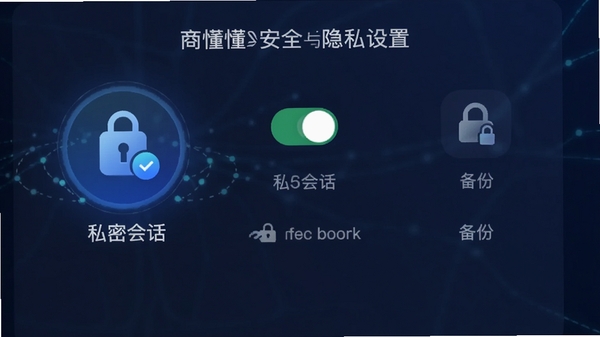 商懂懂安全与隐私设置界面预览图,展示加密图标、私密会话开关、备份选项,背景为深蓝色,图标发光,突出安全氛围