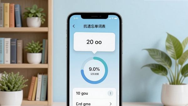 抗遗忘单词表主界面展示,手机屏幕中央显示单词卡片与记忆进度圆环,背景为淡蓝色渐变,周围有书架和绿植,整体风格清新简约,突出学习氛围,画面主体为手机与单词列表,Boogu模型生成