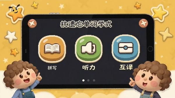 抗遗忘单词表学习模式选择界面,屏幕上展示拼写、听力、互译等图标,背景为暖黄色,有卡通人物和星星装饰,整体风格活泼有趣,突出互动体验,Boogu模型生成