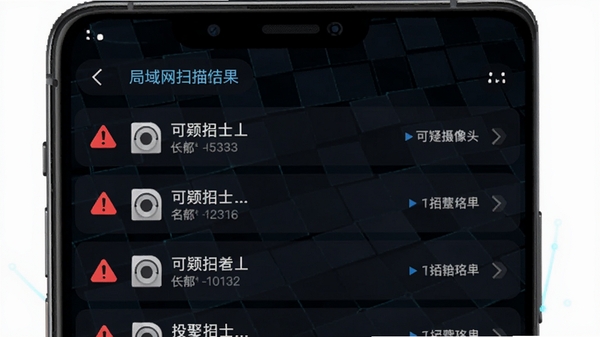 检测摄像头卫士软件功能示意图,手机界面展示局域网扫描结果列表,列出多个可疑设备名称与IP地址,每个条目带有红色警示图标,背景为简洁的深色科技网格,画面具有现代感与视觉冲击力
