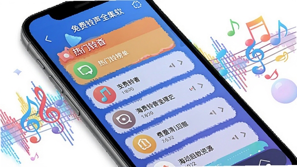 免费铃声全集软件主界面预览图,手机屏幕展示热门铃声榜单列表,背景为音乐波形图与音符元素,整体色调活泼明快,突出海量铃声资源库特点