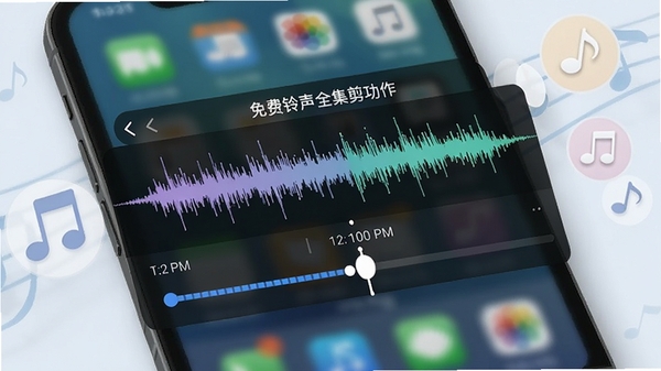 免费铃声全集剪辑功能操作界面,展示音频波形图与时间轴裁剪点,背景为手机桌面与音符图标,强调个性化定制铃声的便捷性