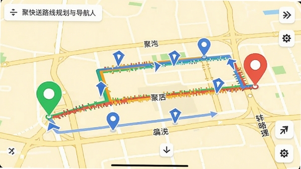 �ۿ���·�߹滮�뵼�����棬��ͼ����ʾ������ɫ·�ߣ����Ϊ��ɫ��ǣ��յ�Ϊ��ɫ��ǣ��м��ж����ɫ;���㣬������ͷ��������·���Ʊ�ע���������Ϊ����ɫ��ͼ��񣬼�����ˣ�ͻ�����ܹ滮����