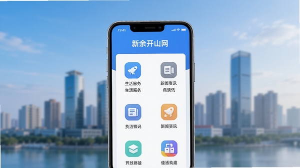 画面主体为新余开山网APP的界面展示,背景为模糊的新余市城市天际线,前景中央是手机屏幕,屏幕中显示清晰的分类图标,如生活服务、新闻资讯等,整体色调以蓝白为主,风格现代简约,光线明亮柔和,突出软件的实用性与本地化特点,画面比例为16:9,高清渲染。