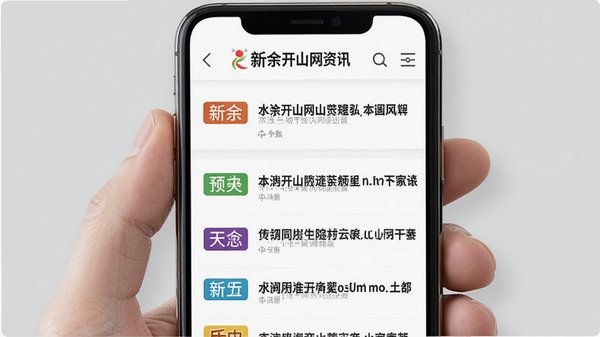 新余开山网资讯页面预览图,画面展示手机中列表式新闻标题,配以彩色分类标签,背景为简洁的浅灰色,突出阅读的舒适性,图片风格写实,细节丰富。
