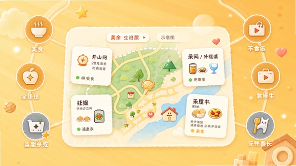 新余开山网生活服务板块示意图,画面中央是地图与商家卡片,周边有美食、娱乐等小图标,背景为明亮的暖色调,整体氛围温馨,体现软件的实用性。