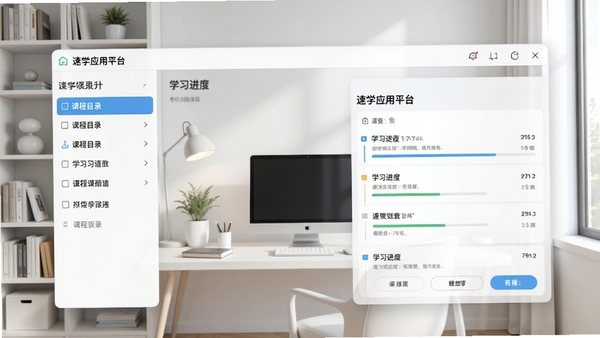 速学应用平台主界面预览图,展示软件整体布局,左侧课程目录,右侧学习进度面板,背景为现代简约书房,整体色调清新明亮,突出软件的专业与便捷