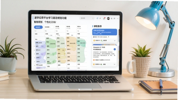 速学应用平台学习路径规划功能截图,显示个性化日程表与课程推荐卡片,背景为整洁书桌,画面色彩明快,体现智能规划特点