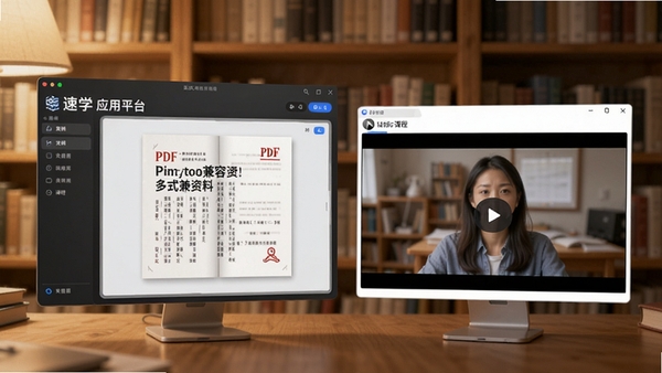速学应用平台多格式资料支持界面,同时打开PDF教材与视频课程窗口,背景为书架,光线柔和,体现资料兼容性强的特点
