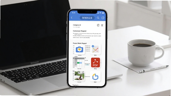 当当办公主界面预览图,手机屏幕显示文档列表、表格编辑和PDF工具图标,背景为现代简约的办公桌面,有笔记本电脑和咖啡杯,整体色调明亮清爽,突出高效移动办公场景,Boogu模型生成