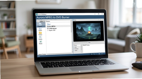 ����������ĵ������ϣ�һ̨�ʼǱ�������Ļ��ʾ��Aurora MPEG to DVD Burner�����������棬������������������ļ��б����Ҳ���Ԥ�����ڣ�������ģ���Ŀ�������������ǿ��������רҵ�����ã�����дʵ��Ӱ��񣬹�����ͣ�ϸ�ڷḻ��