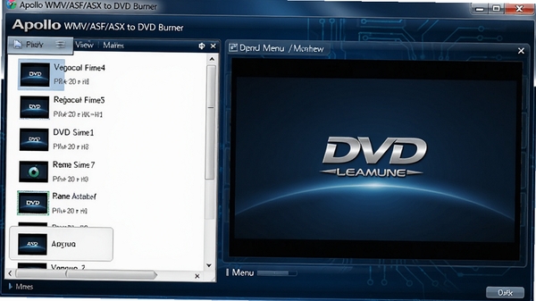Apollo WMV/ASF/ASX to DVD Burner软件主界面预览图,左侧为视频文件列表,右侧为DVD菜单预览窗口,整体界面简洁清晰,背景为深蓝色科技感风格