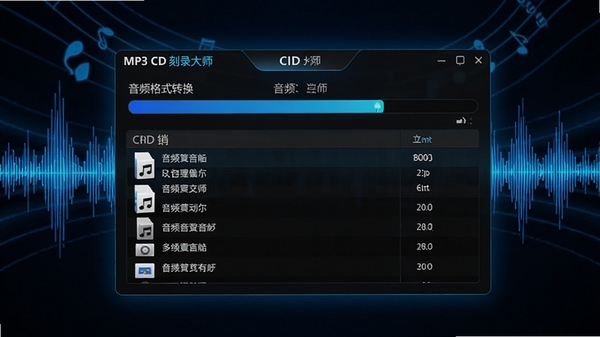 MP3 CD 刻录大师软件功能展示图,画面中央显示音频格式转换的进度条与文件信息列表,背景融入音乐波形图元素,色彩以蓝黑为主,科技感十足,体现软件处理多格式音频的流畅与专业