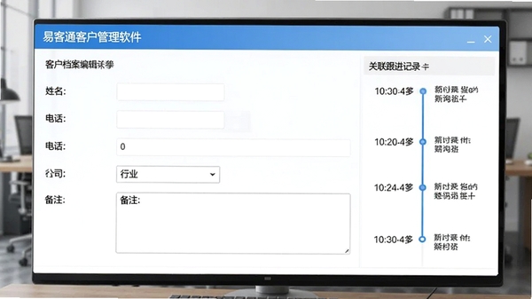 易客通客户管理软件客户档案编辑界面,表单包含姓名、电话、公司、行业下拉框、备注文本框,右侧显示关联跟进记录时间轴,界面明亮,字体清晰,商务软件风格
