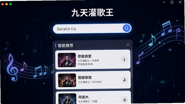 九天灌歌王歌曲搜索界面截图,突出搜索框与智能推荐列表,背景为深色科技感渐变,音乐音符元素环绕,画面聚焦于软件功能的便捷性
