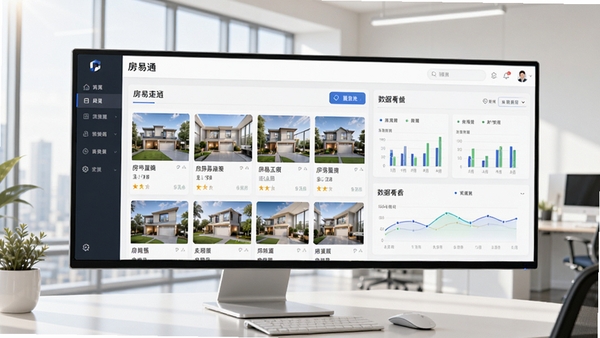 房易通主界面,展示房源列表与数据看板,明亮办公环境,软件界面清晰,风格现代