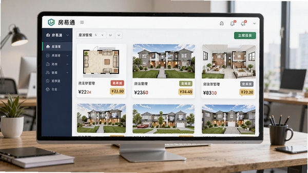 房易通房源管理界面,展示房源卡片列表,包含户型图与价格标签,背景为办公桌
