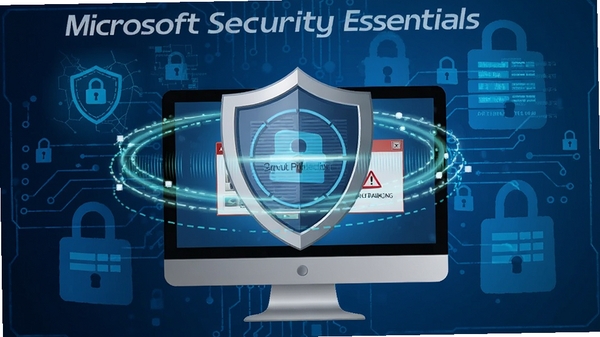 Microsoft Security Essentials实时保护功能示意图,盾牌图标周围有扫描线条,电脑屏幕上有警告弹窗,背景为网络安全元素,蓝色科技感
