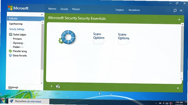 微软官方安全软件Microsoft Security Essentials主界面,简洁的绿色和蓝色调,左侧导航栏,右侧扫描选项,背景为干净的Windows桌面,整体风格清爽专业
