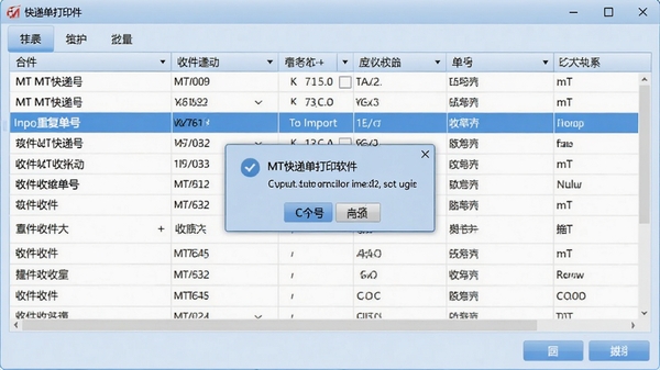 MT快递单打印软件批量导入数据界面,表格中展示多行收件人信息,其中一行被高亮标记为重复单号,软件弹出提示框,背景为淡蓝色操作界面。