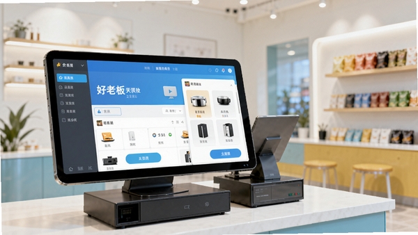 好老板店铺版主界面预览图,展示清晰的收银台操作界面和商品列表,背景为现代简约的店铺环境,色彩明亮,突出软件的专业与易用性