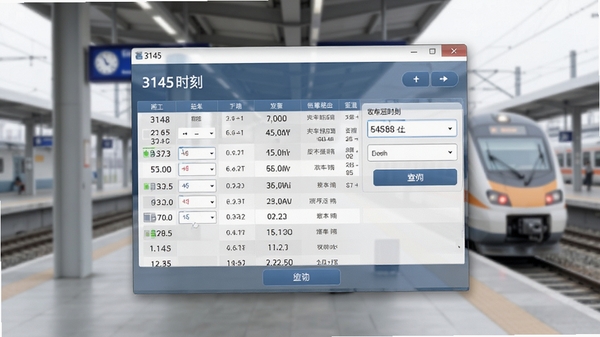 3145火车时刻表主界面预览,展示清晰的列车时刻查询窗口,背景为简约的火车站场景,画面主体为软件操作界面,突出时刻表查询功能,风格写实清晰
