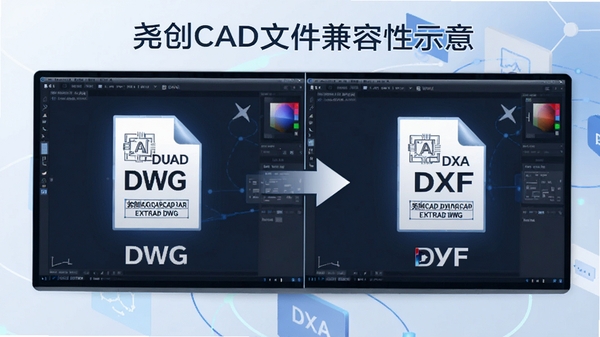 尧创CAD文件兼容性示意,屏幕左右分屏显示DWG和DXF格式的图纸文件图标,中间用箭头连接,背景有网络协作的抽象图形,色调以蓝色和白色为主,风格现代简约