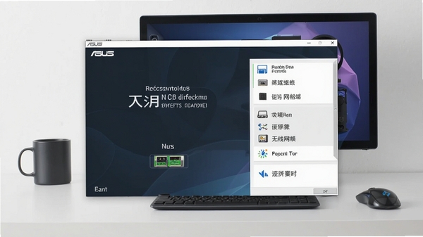 华硕笔记本万能无线网卡驱动的界面预览图,展示软件简洁的安装向导和功能列表,背景为现代简约的电脑桌面