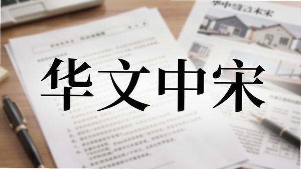 华文中宋字体预览图,展示字体在文档排版中的实际效果,画面中心为“华文中宋”四个大字,背景为办公文档与打印样张的叠加场景,字体笔画清晰,风格端庄典雅,光线柔和,突出字体的专业质感。