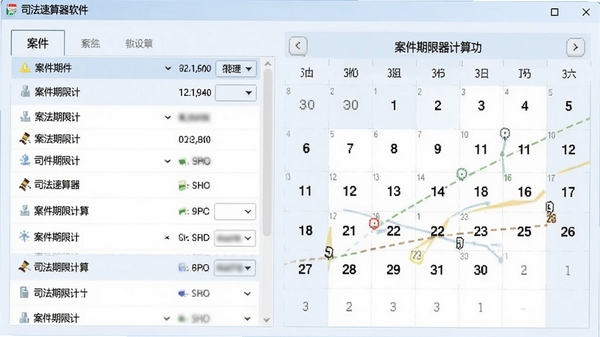 司法速算器软件主界面截图,展示案件期限计算功能,左侧为案件列表,右侧为日历视图,整体风格简洁专业,背景为淡蓝色调