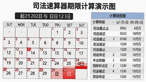 司法速算器期限计算演示图,显示起止日期与节假日排除逻辑,日历格上标注红色截止日,并附计算明细列表