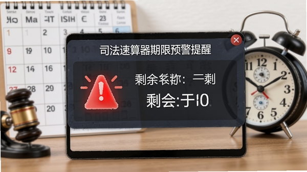 司法速算器期限预警提醒界面,显示案件名称与剩余天数,红色警报图标醒目,背景为桌面日历与闹钟元素
