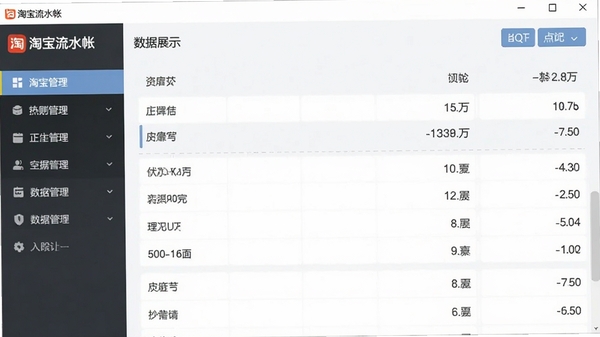 一款名为淘宝流水帐的电脑记账软件主界面,界面风格清爽简洁,左侧是功能导航栏,右侧是数据展示区域,背景为浅色调,整体呈现专业可靠的财务管理工具氛围