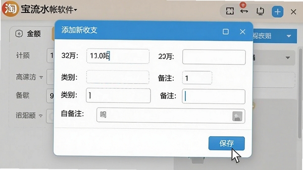 淘宝流水帐软件的记账操作界面特写,显示添加新收支的窗口,包含金额、类别、备注等输入框,界面布局清晰,鼠标指针正点击保存按钮
