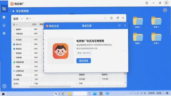 电商推广软件淘宝推推推的界面预览图,画面中央显示商品链接生成窗口,背景为整洁的电脑桌面,带有数据表格和文件夹图标,整体风格简洁明了,色彩以蓝白为主
