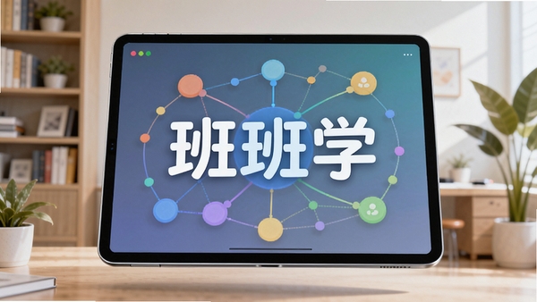班班学学习软件主视觉图,前景是一块悬浮的智能平板,屏幕上显示着色彩斑斓的知识点网络图谱和“班班学”三个大字,背景是干净明亮的现代书房,有书架和绿植,光线柔和,整体风格科技感与温馨感并存,画面构图中心突出,细节丰富,适配Boogu模型生成