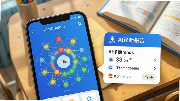 班班学App功能展示图,手机界面显示着环形知识图谱,红色黄色绿色节点交织,旁边有AI诊断报告卡片,背景为课桌与课本,俯拍视角,科技蓝与暖黄色调,画面清晰,突出智能分析功能