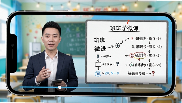 班班学微课播放界面,手机横屏状态,左侧是讲师的半身像,右侧为动态板书和解题步骤,播放进度条清晰,背景虚化,整体色调明亮,突出教学视频的清晰度与互动感