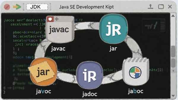 һ��չʾJava SE Development Kit ��JDK�� 8�����������Ĳ廭����������ڷ���javac��jar��javadoc�ȹ��ߵ�ͼ�꣬�ʻ������У�����Ϊ�������ն˴��ڣ�ÿ��ͼ���·��м�̱�ע���������ƽ����ɫ��������ǿ������������������