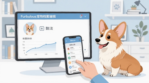 Furbulous宠物档案编辑页面,包含宠物头像上传、体重曲线图、疫苗记录列表,旁边有一只柯基犬配合主人操作手机,背景为简洁的书房,采用扁平化设计风格,界面元素清晰,突出数据可视化与易用性,整体色调为淡蓝色和白色,给人干净专业的印象