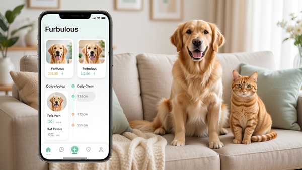 Furbulous应用主界面截图,展示宠物档案卡片、日常记录时间轴和底部导航栏,背景为温馨的客厅环境,一只金毛犬和一只橘猫坐在沙发上,画面明亮通透,色彩柔和,突出宠物与科技结合的生活方式,整体风格清新自然,采用浅色调,细节丰富,适合作为软件预览图