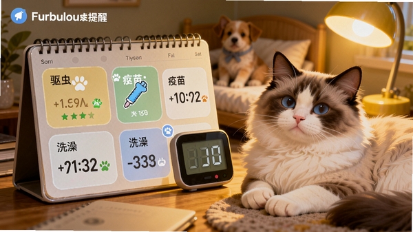 Furbulous健康提醒通知界面,显示驱虫、疫苗、洗澡等事项的倒计时卡片,背景是温馨的宠物卧室,一只布偶猫趴在电子日历旁边,画面带有暖黄色灯光,突出提醒功能的及时性和生活的温馨感,整体风格写实与插画结合,细节丰富