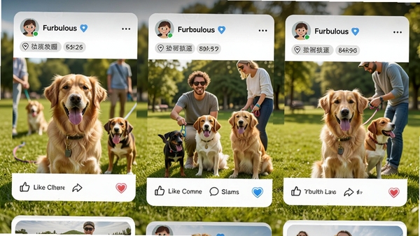 Furbulous同城宠友圈信息流页面,显示宠物照片、用户头像、地点标签和点赞评论按钮,背景是公园草地,有多位宠物主人带着狗狗聚会,画面充满阳光和活力,采用社交媒体常见的卡片式布局,色调清新亮丽,突出社区互动氛围